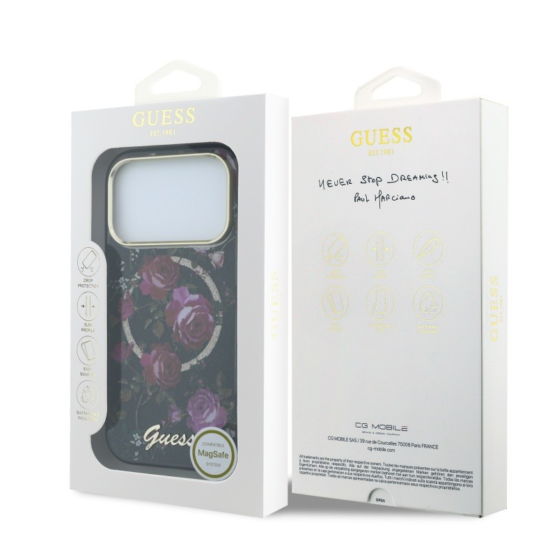 Apple iPhone 18 Pro Kılıf Guess Orjinal Lisanslı M-safe Şarj Özellikli Gül Desenli Simli Yazı Logolu Kapak - 18