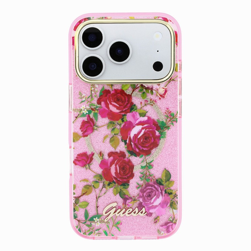 Apple iPhone 18 Pro Kılıf Guess Orjinal Lisanslı M-safe Şarj Özellikli Gül Desenli Simli Yazı Logolu Kapak - 20