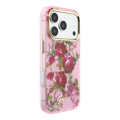 Apple iPhone 18 Pro Kılıf Guess Orjinal Lisanslı M-safe Şarj Özellikli Gül Desenli Simli Yazı Logolu Kapak - 21
