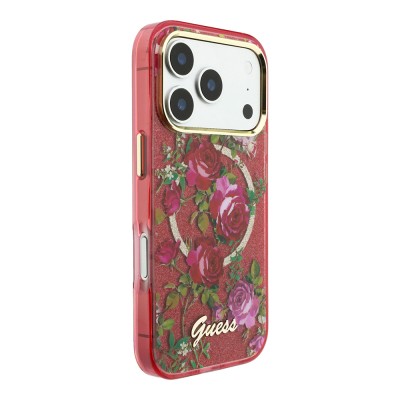Apple iPhone 18 Pro Kılıf Guess Orjinal Lisanslı M-safe Şarj Özellikli Gül Desenli Simli Yazı Logolu Kapak - 28