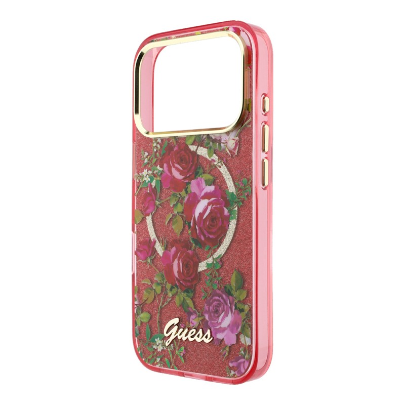 Apple iPhone 18 Pro Kılıf Guess Orjinal Lisanslı M-safe Şarj Özellikli Gül Desenli Simli Yazı Logolu Kapak - 30