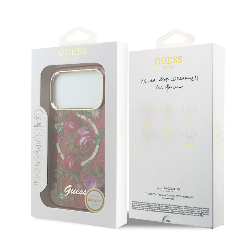 Apple iPhone 18 Pro Kılıf Guess Orjinal Lisanslı M-safe Şarj Özellikli Gül Desenli Simli Yazı Logolu Kapak - 32