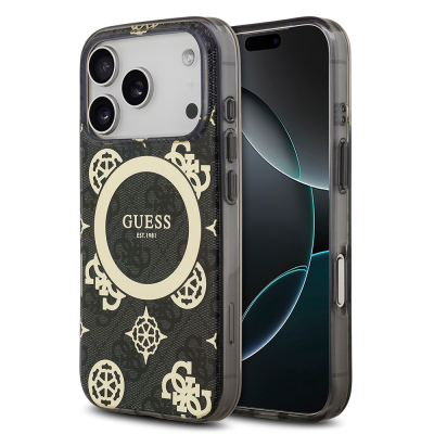 Apple iPhone 18 Pro Kılıf Guess Orjinal Lisanslı M-safe Şarj Özellikli IML Peony ve 4G Desenli Klasik Logolu Kapak - Guess