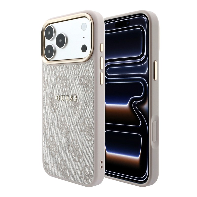 Apple iPhone 18 Pro Kılıf Guess Orjinal Lisanslı M-safe Şarj Özellikli Metal Kamera Çerçeveli C-Magnet 4G Desenli Yazı Logolu Kapak - 17