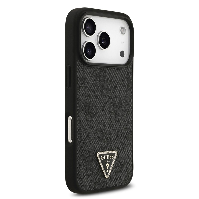 Apple iPhone 18 Pro Kılıf Guess Orjinal Lisanslı M-safe Şarj Özellikli PU Deri Taşlı Üçgen Logo 4G Desenli Strass Kapak - 6