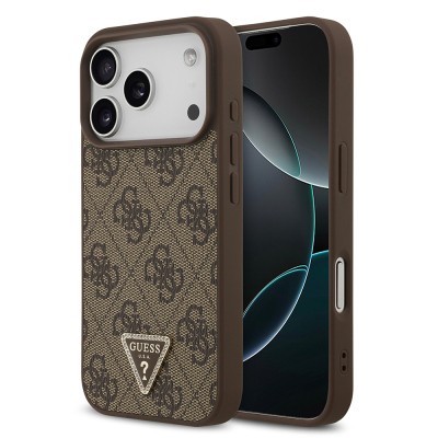 Apple iPhone 18 Pro Kılıf Guess Orjinal Lisanslı M-safe Şarj Özellikli PU Deri Taşlı Üçgen Logo 4G Desenli Strass Kapak - 2