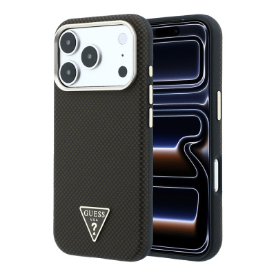 Apple iPhone 18 Pro Kılıf Guess Orjinal Lisanslı M-safe Şarj Özellikli PU Metal Üçgen Logolu Karbon Fiber Kevlar Kapak - Guess