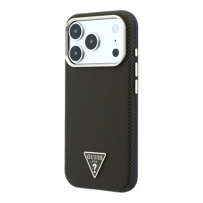 Apple iPhone 18 Pro Kılıf Guess Orjinal Lisanslı M-safe Şarj Özellikli PU Metal Üçgen Logolu Karbon Fiber Kevlar Kapak - 4
