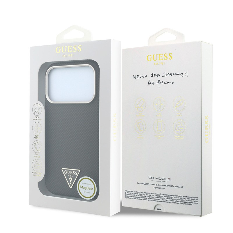 Apple iPhone 18 Pro Kılıf Guess Orjinal Lisanslı M-safe Şarj Özellikli PU Metal Üçgen Logolu Karbon Fiber Kevlar Kapak - 10