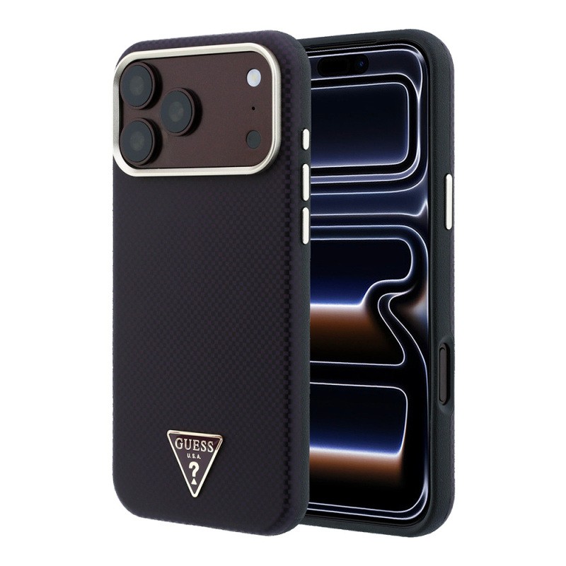 Apple iPhone 18 Pro Kılıf Guess Orjinal Lisanslı M-safe Şarj Özellikli PU Metal Üçgen Logolu Karbon Fiber Kevlar Kapak - 2