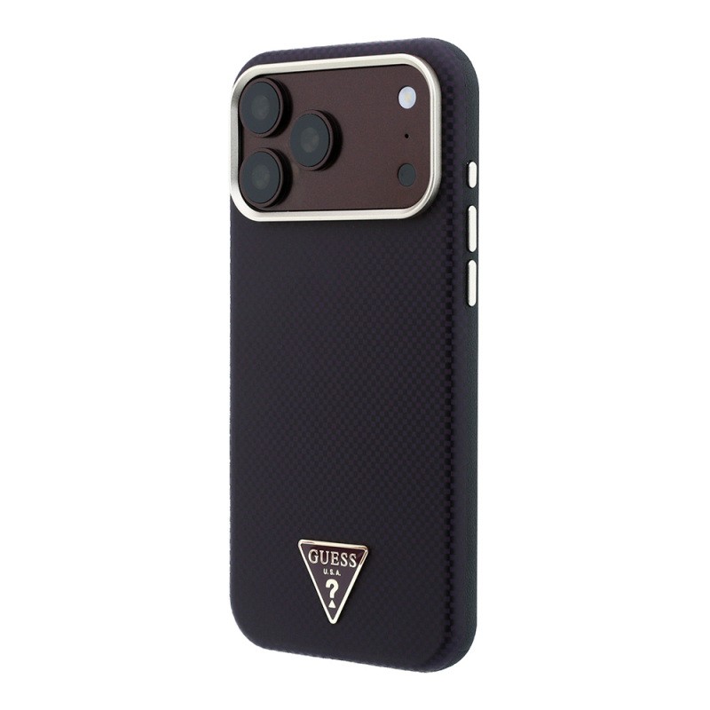 Apple iPhone 18 Pro Kılıf Guess Orjinal Lisanslı M-safe Şarj Özellikli PU Metal Üçgen Logolu Karbon Fiber Kevlar Kapak - 11