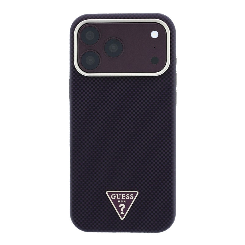 Apple iPhone 18 Pro Kılıf Guess Orjinal Lisanslı M-safe Şarj Özellikli PU Metal Üçgen Logolu Karbon Fiber Kevlar Kapak - 12