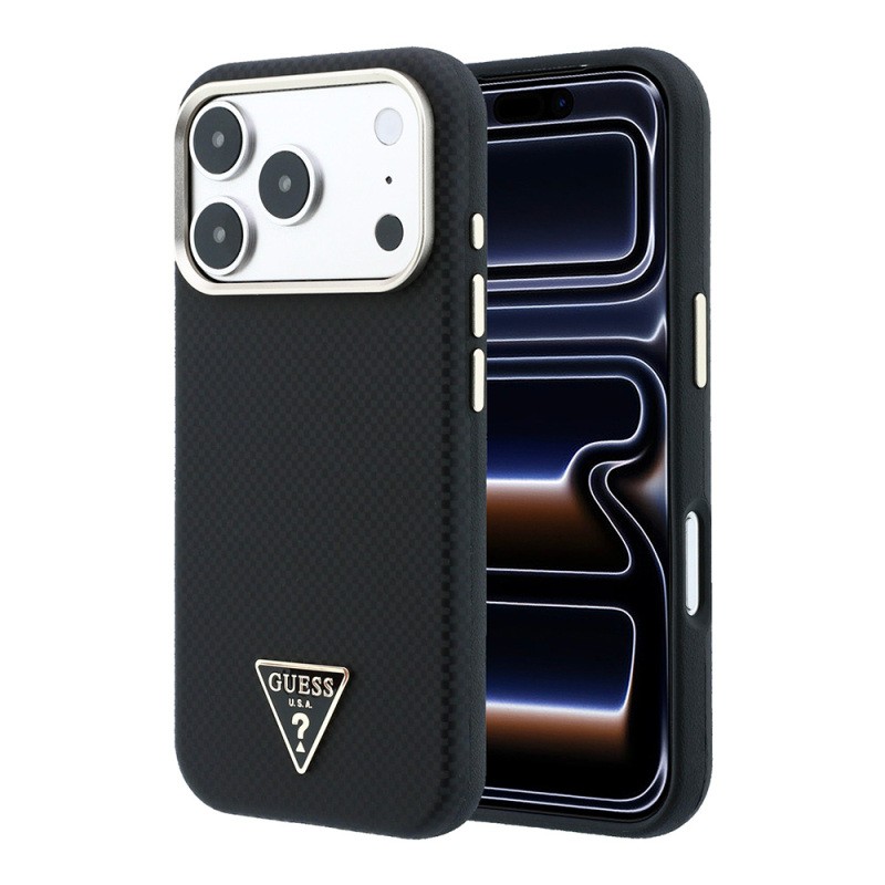 Apple iPhone 18 Pro Kılıf Guess Orjinal Lisanslı M-safe Şarj Özellikli PU Metal Üçgen Logolu Karbon Fiber Kevlar Kapak - 3