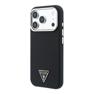 Apple iPhone 18 Pro Kılıf Guess Orjinal Lisanslı M-safe Şarj Özellikli PU Metal Üçgen Logolu Karbon Fiber Kevlar Kapak - 18
