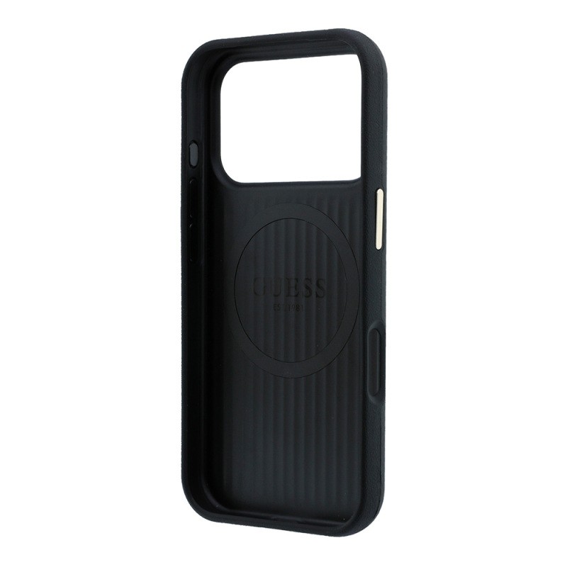 Apple iPhone 18 Pro Kılıf Guess Orjinal Lisanslı M-safe Şarj Özellikli PU Metal Üçgen Logolu Karbon Fiber Kevlar Kapak - 23