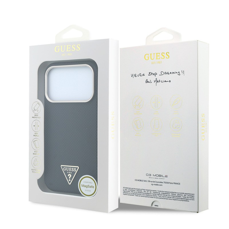 Apple iPhone 18 Pro Kılıf Guess Orjinal Lisanslı M-safe Şarj Özellikli PU Metal Üçgen Logolu Karbon Fiber Kevlar Kapak - 24