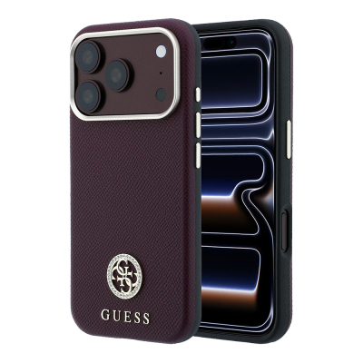 Apple iPhone 18 Pro Kılıf Guess Orjinal Lisanslı M-safe Şarj Özellikli PU Taşlı Metal 4G ve Yazı Logolu Kapak - Guess