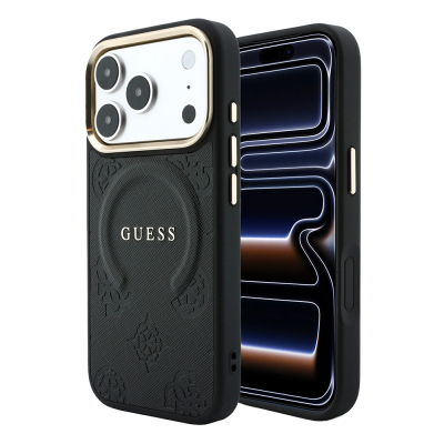 Apple iPhone 18 Pro Kılıf Guess Orjinal Lisanslı M-safe Şarj Özellikli Sıcak Baskılı Yazı Logolu C-Magnet PU Deri Peony Kapak - Guess