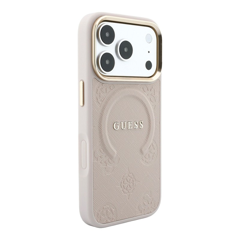 Apple iPhone 18 Pro Kılıf Guess Orjinal Lisanslı M-safe Şarj Özellikli Sıcak Baskılı Yazı Logolu C-Magnet PU Deri Peony Kapak - 14