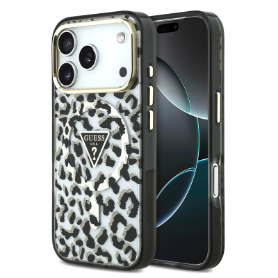 Apple iPhone 18 Pro Kılıf Guess Orjinal Lisanslı M-safe Şarj Özellikli Üçgen Logolu Simli Leopar Desenli Kapak - Guess