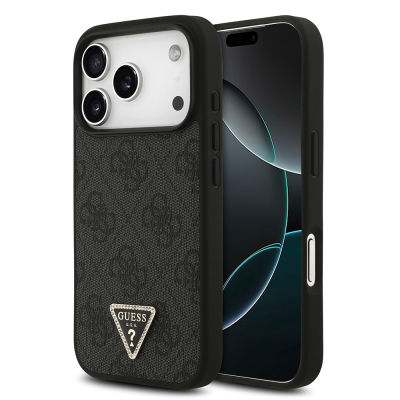Apple iPhone 18 Pro Kılıf Guess Orjinal Lisanslı M-safe Şarj Özllikli PU Deri Taşlı Üçgen Logo 4G Desenli Strass Kapak - Guess