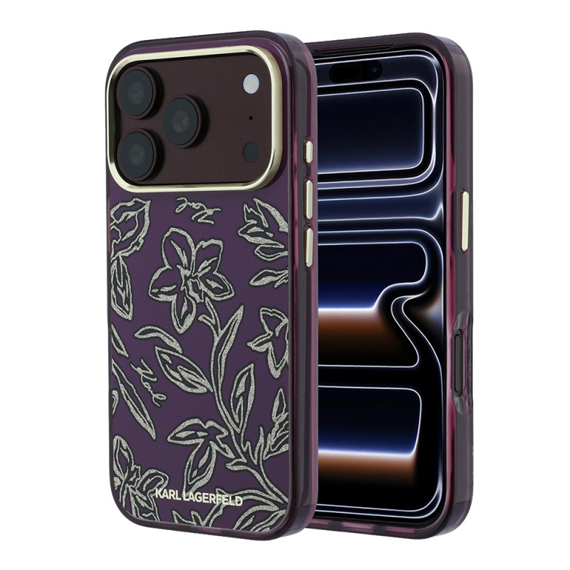 Apple iPhone 18 Pro Kılıf Karl Lagerfeld Orjinal Lisanslı M-safe Şarj Özellikli Gold Metal Kamera Çerçeveli Çiçek Tasarımlı Kapak - 1