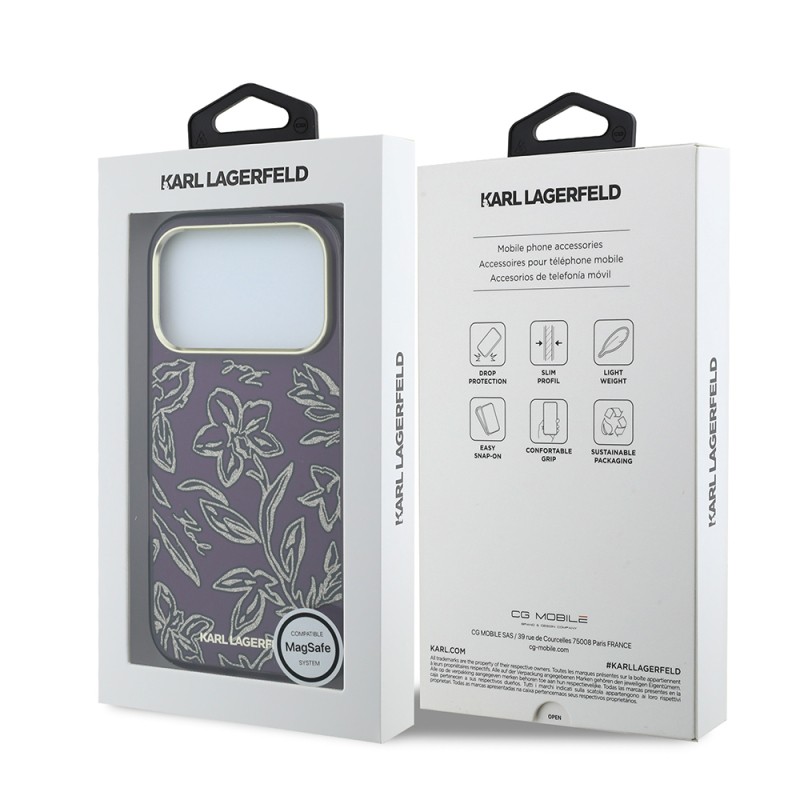 Apple iPhone 18 Pro Kılıf Karl Lagerfeld Orjinal Lisanslı M-safe Şarj Özellikli Gold Metal Kamera Çerçeveli Çiçek Tasarımlı Kapak - 8