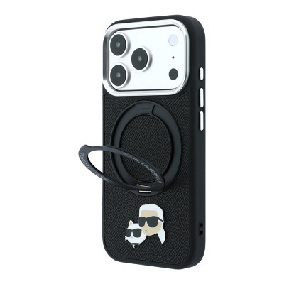 Apple iPhone 18 Pro Kılıf Karl Lagerfeld Orjinal Lisanslı M-Safe Şarj Özellikli K&C Heads Pin Metal Logolu PU 360 Derece Dönebilen Standlı Kapak