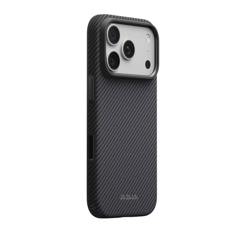 Apple iPhone 18 Pro Kılıf M-safe Şarj Özellikli Aramid Karbon Fiber Pitaka Military-Grade Classic Serisi New Logo Black-Grey Twill Kapak - 14