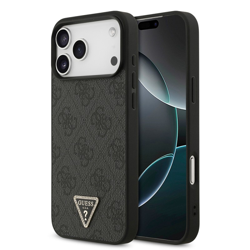 Apple iPhone 18 Pro Max Case – Guess Officially Licensed PU Leather – Rhinestone-Embellished Triangle Logo & 4G Pattern Cover - 1