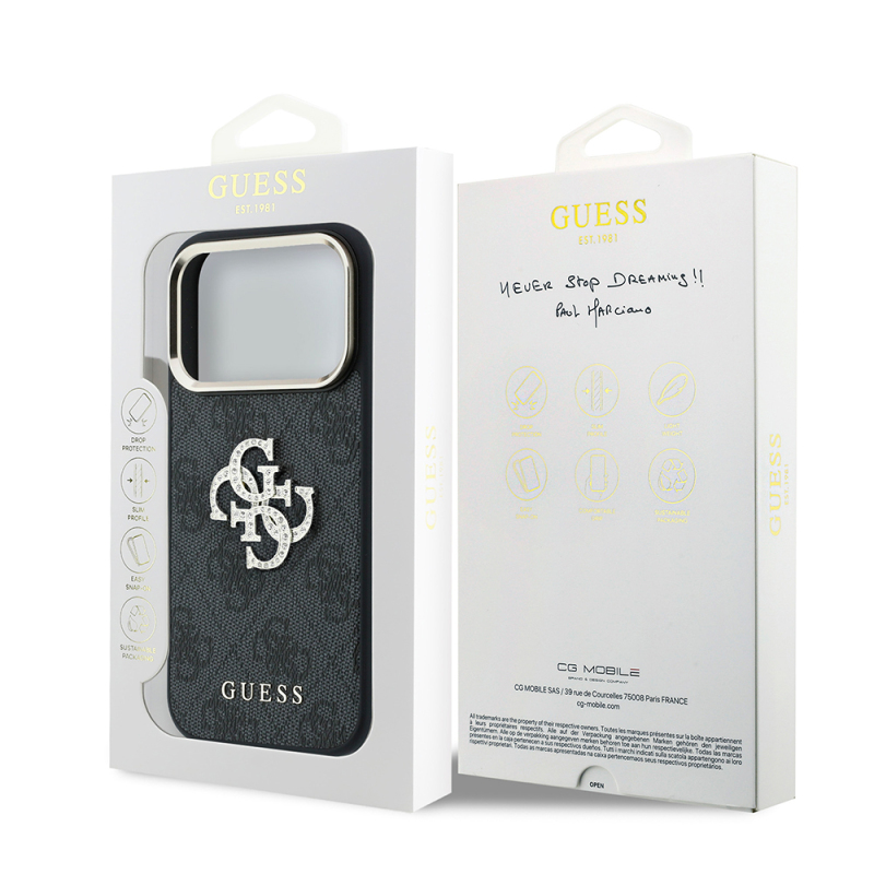 Apple iPhone 18 Pro Max Case Guess Original Licensed 4G Large Rhinestone Resin Logo PU Cover - 18
