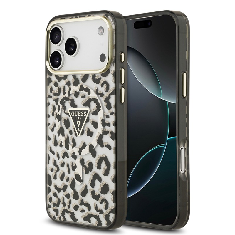 Apple iPhone 18 Pro Max Case Guess Original Licensed M-safe Charging Enabled Triangle Logo Glitter Leopard Pattern Cover - 3