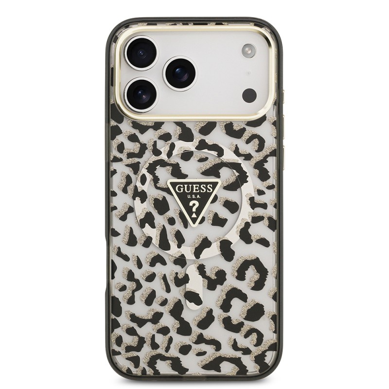 Apple iPhone 18 Pro Max Case Guess Original Licensed M-safe Charging Enabled Triangle Logo Glitter Leopard Pattern Cover - 6