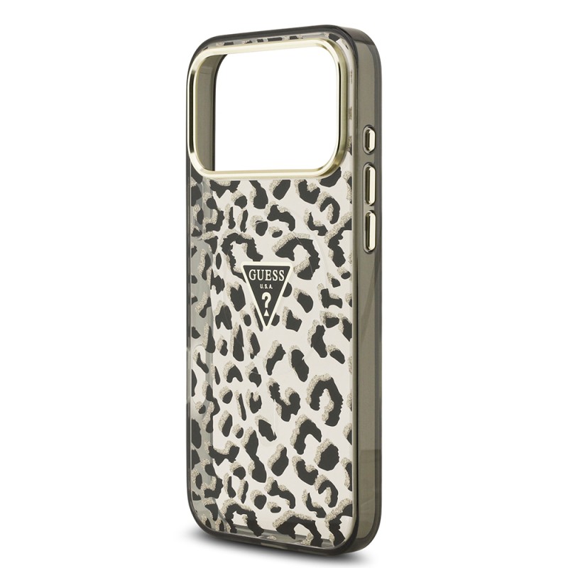 Apple iPhone 18 Pro Max Case Guess Original Licensed M-safe Charging Enabled Triangle Logo Glitter Leopard Pattern Cover - 9