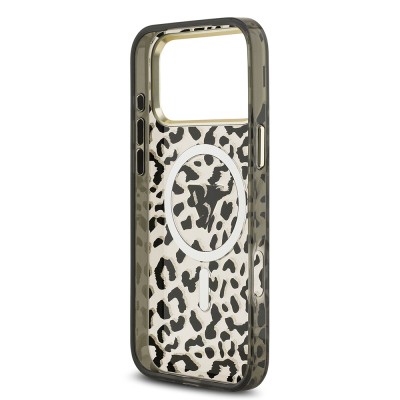Apple iPhone 18 Pro Max Case Guess Original Licensed M-safe Charging Enabled Triangle Logo Glitter Leopard Pattern Cover - 10