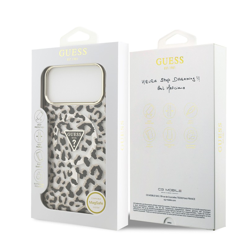 Apple iPhone 18 Pro Max Case Guess Original Licensed M-safe Charging Enabled Triangle Logo Glitter Leopard Pattern Cover - 11