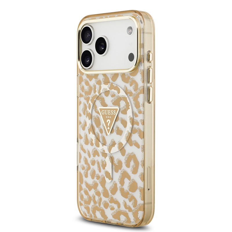 Apple iPhone 18 Pro Max Case Guess Original Licensed M-safe Charging Enabled Triangle Logo Glitter Leopard Pattern Cover - 19
