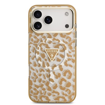 Apple iPhone 18 Pro Max Case Guess Original Licensed M-safe Charging Enabled Triangle Logo Glitter Leopard Pattern Cover - 20
