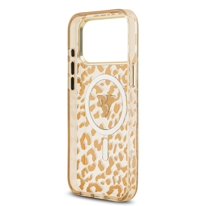 Apple iPhone 18 Pro Max Case Guess Original Licensed M-safe Charging Enabled Triangle Logo Glitter Leopard Pattern Cover - 24