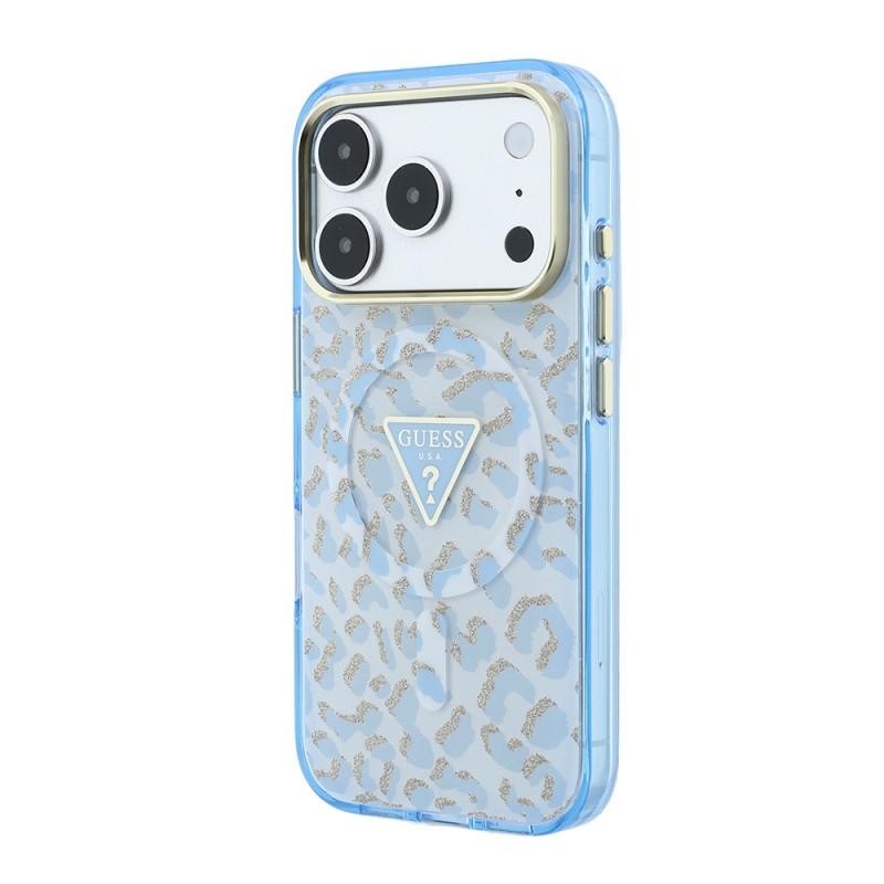 Apple iPhone 18 Pro Max Case Guess Original Licensed M-safe Charging Enabled Triangle Logo Glitter Leopard Pattern Cover - 26