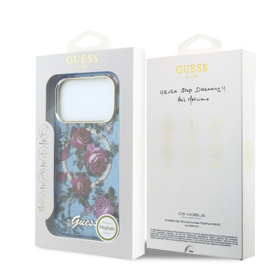 Apple iPhone 18 Pro Max Case Guess Original Licensed M-safe Charging Feature Rose Pattern Glittery Text and Logo Cover - 9