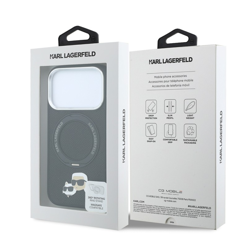 Apple iPhone 18 Pro Max Case Karl Lagerfeld Original Licensed M-Safe Charging Feature K&C Heads Pin Metal Logo 360 Degree Rotating Stand Cover - 8