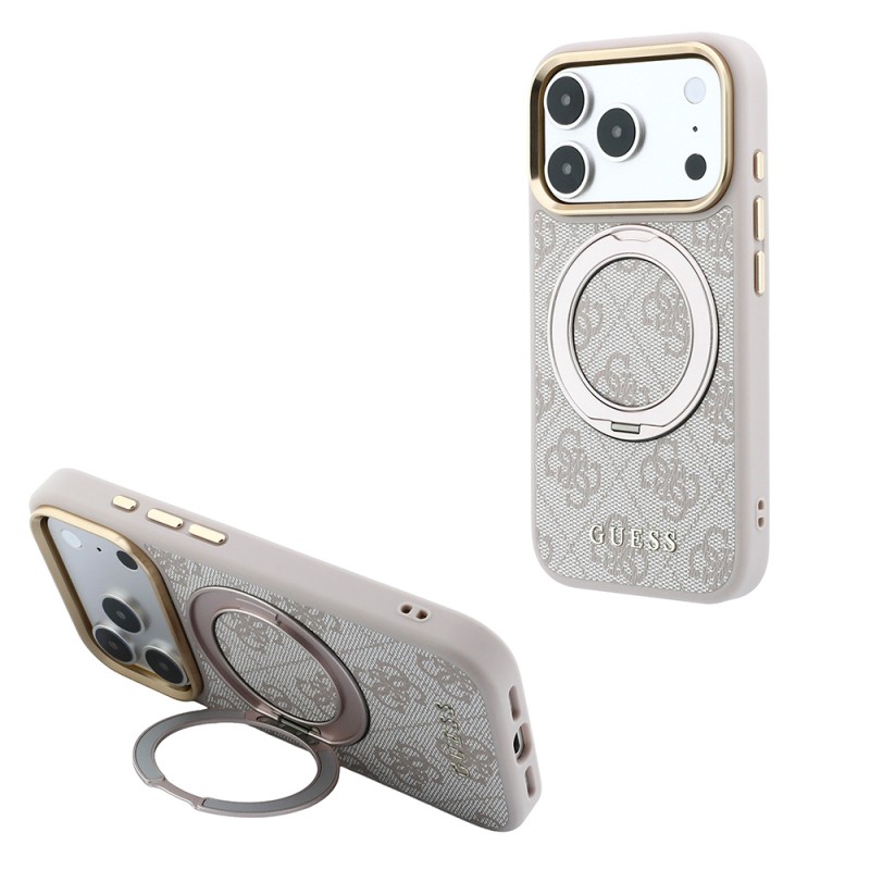 Apple iPhone 18 Pro Max Case Original Licensed Guess M-safe Charging Feature 4G Pattern 360 Degree Rotating Stand Metal Logo Cover - 5
