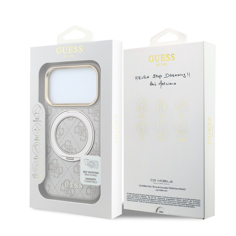 Apple iPhone 18 Pro Max Case Original Licensed Guess M-safe Charging Feature 4G Pattern 360 Degree Rotating Stand Metal Logo Cover - 23