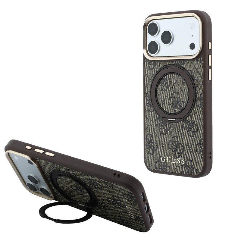 Apple iPhone 18 Pro Max Case Original Licensed Guess M-safe Charging Feature 4G Pattern 360 Degree Rotating Stand Metal Logo Cover - 6