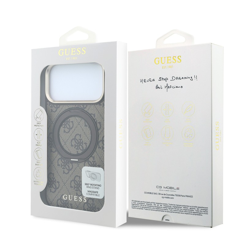 Apple iPhone 18 Pro Max Case Original Licensed Guess M-safe Charging Feature 4G Pattern 360 Degree Rotating Stand Metal Logo Cover - 24