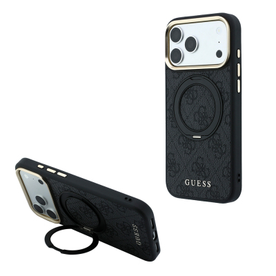 Apple iPhone 18 Pro Max Case Original Licensed Guess M-safe Charging Feature 4G Pattern 360 Degree Rotating Stand Metal Logo Cover - 25