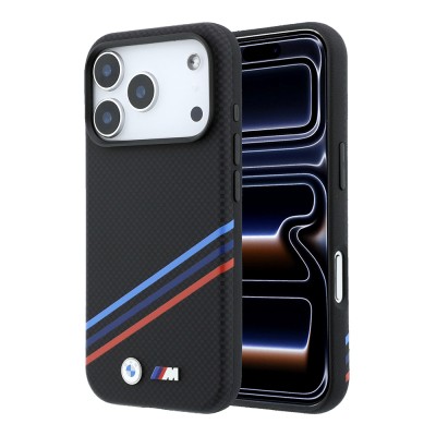 Apple iPhone 18 Pro Max Kılıf BMW Orjinal Lisanslı M-safe Şarj Özellikli Üç Şeritli Metal M Logolu Karbon Fiber Kevlar Kapak - BMW