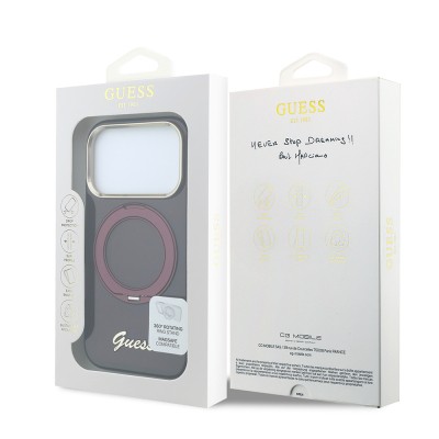 Apple iPhone 18 Pro Max Kılıf Guess Orjinal Lisanslı M-safe Şarj Özellikli 360 Derece Dönebilen Standlı Metal Yazı Logolu Silikon Kapak - 8