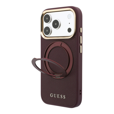 Apple iPhone 18 Pro Max Kılıf Guess Orjinal Lisanslı M-safe Şarj Özellikli 360 Derece Dönebilen Standlı PU Metal Yazı Logolu Kapak - Guess